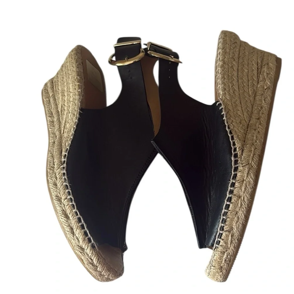 Kanna wedge sling back espadrille, black leather gold buckle, size 41=10/10.5